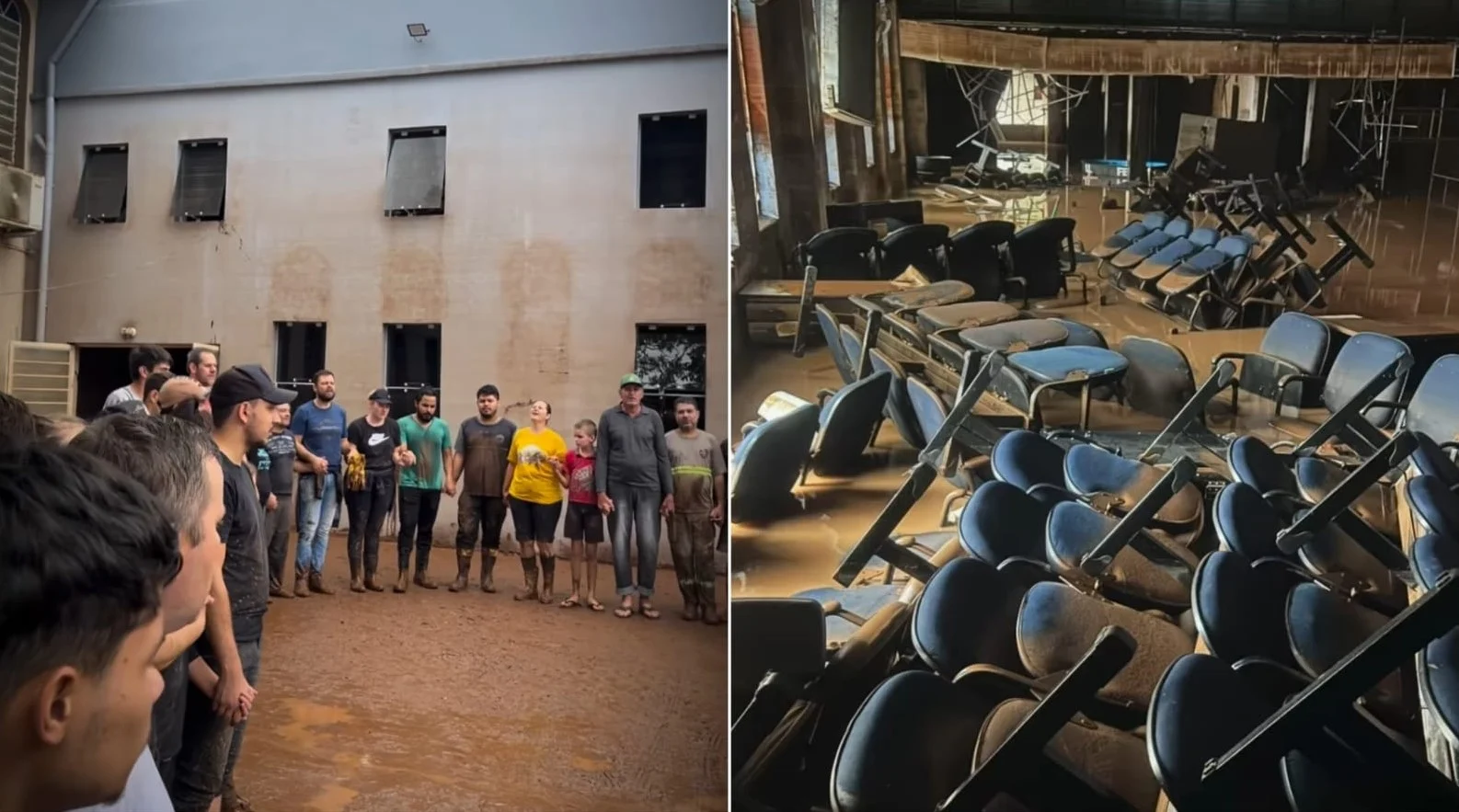 Cristãos louvam a Deus em meio à igreja inundada em Lajeado (RS)