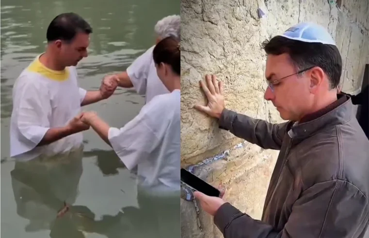 Flávio Bolsonaro é batizado no Rio Jordão e visita o Muro das Lamentações durante agenda no Oriente Médio